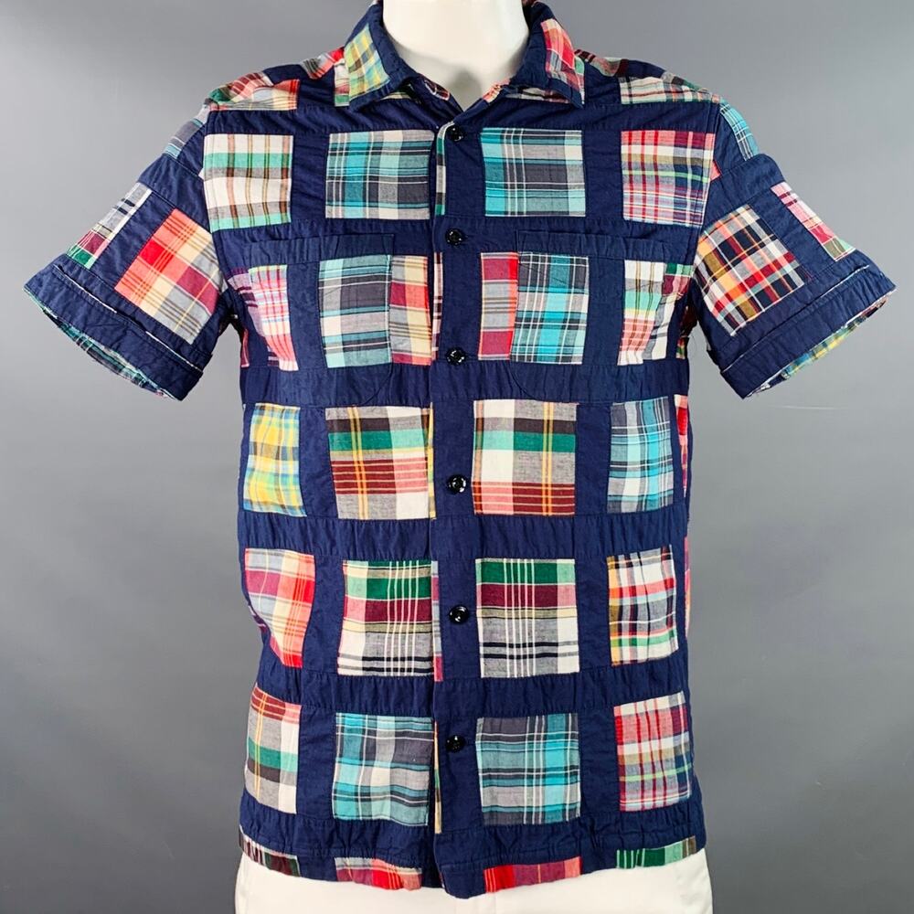 MONITALY Size L Navy Multi Color Madras Cotton Two Pockets Short Sleeve Shirt